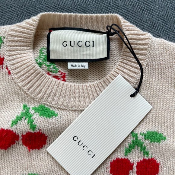 Gucci GG & Cherry Beige Intarsia Wool Knit Sweater - SIZE XXXS ✨NEW WITH TAG - Picture 4 of 7